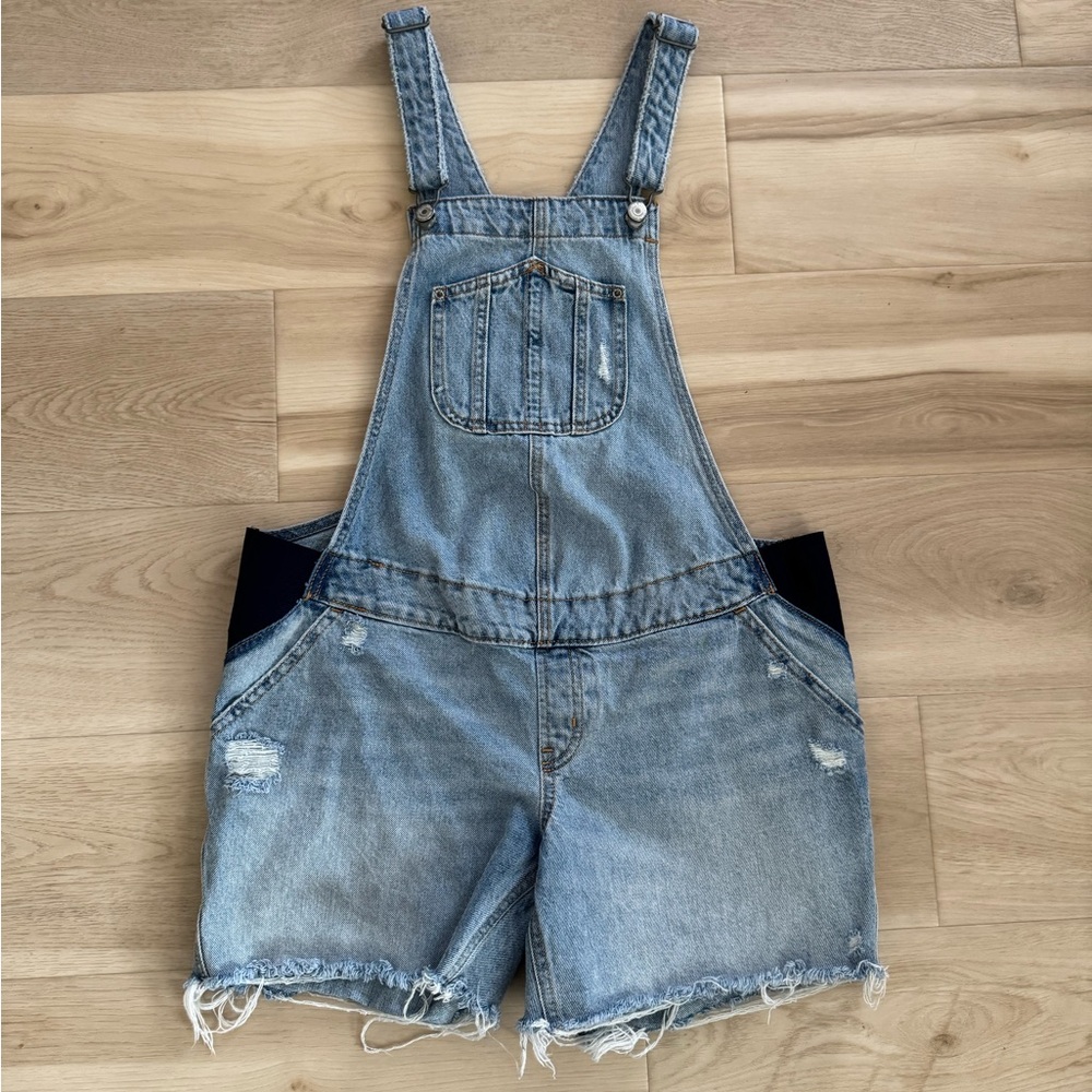 Denim Distressed Maternity Overalls